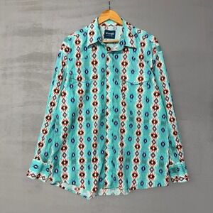 Vintage Wrangler Pearl Snap Retro Aztec Multicolor Blue Collared Western Shirt X
